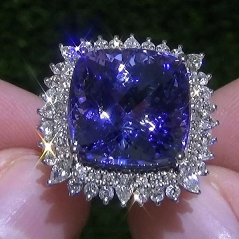 "Large Vintage Square Cut Blue Sapphire Shiny CZ Ring, - Picture 1 of 7